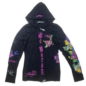 ED HARDY CHRISTIAN AUDIGIER Full Zip Hoodie Women's L Y2K Geisha Dagger Swallow